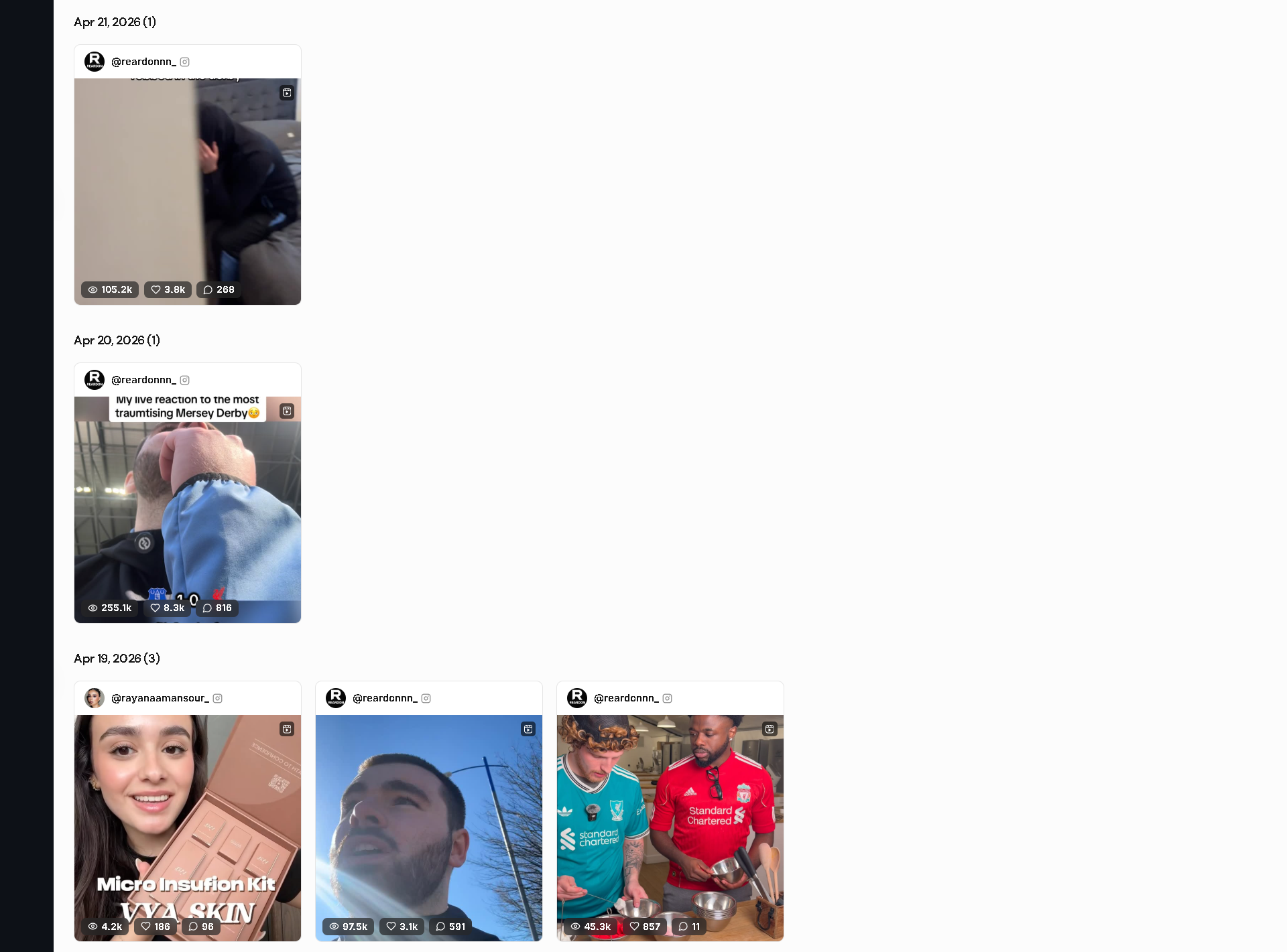 Leewou campaign content grid grouped by publish date with tracked creator posts