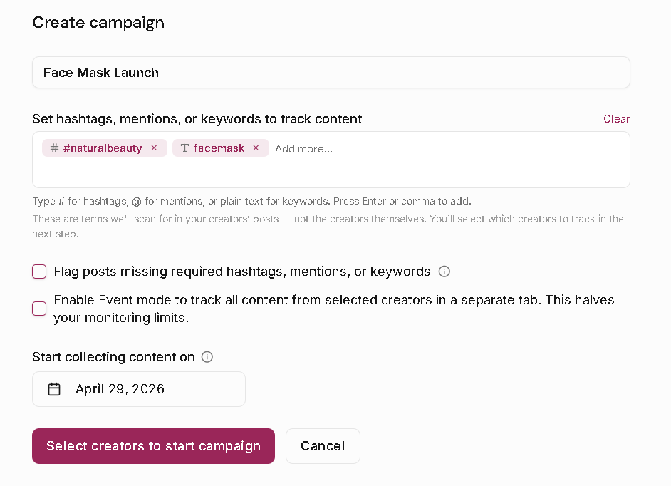 Leewou create campaign form with tracking terms, Event mode, and start date controls