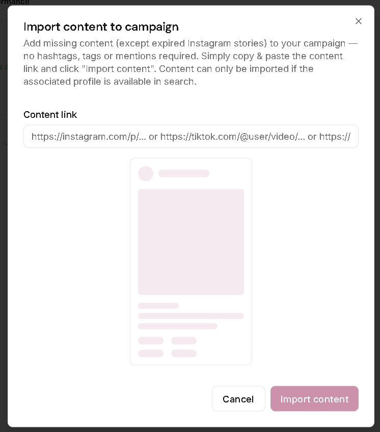 Leewou import content dialog for adding missing campaign posts by URL