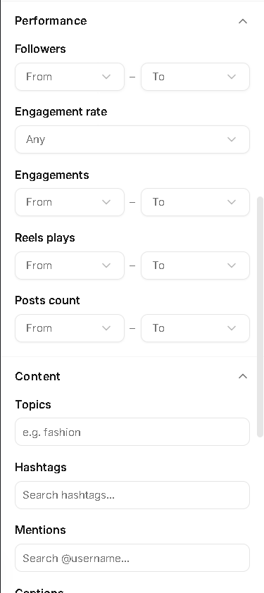 Leewou creator search filters showing performance and content fields for creator discovery