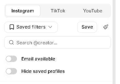 Leewou creator search filters sidebar with platform tabs, saved filters, Email available, and Hide saved profiles
