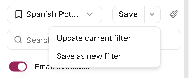 Leewou saved filters menu showing update current filter and save as new filter options