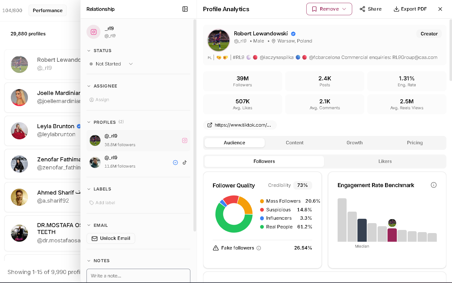 Profile Analytics view in Leewou after running a first creator search