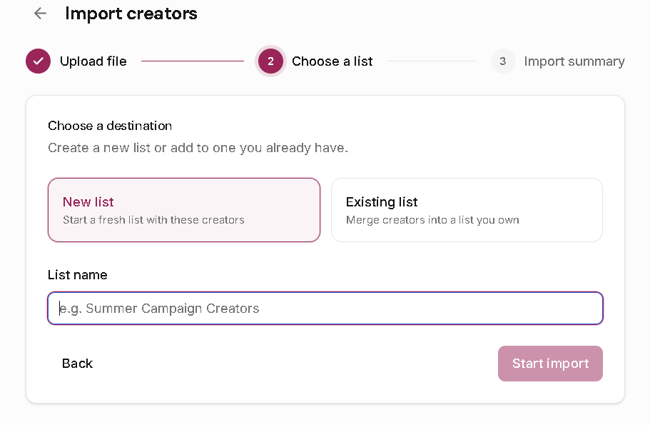 Leewou import wizard step for choosing a new or existing destination list