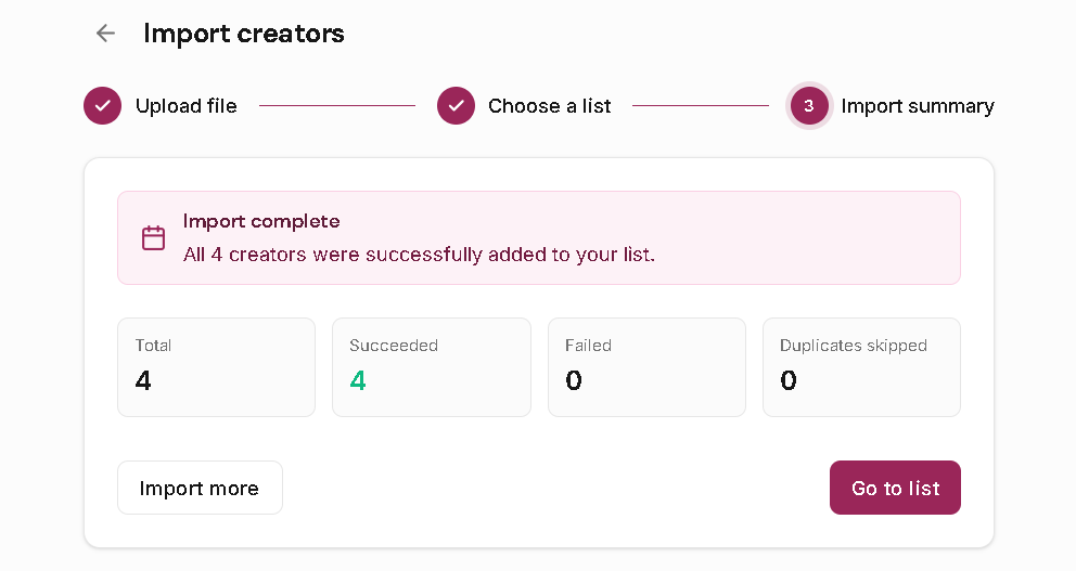 Leewou import summary showing total entries, succeeded entries, failed entries, and duplicates skipped