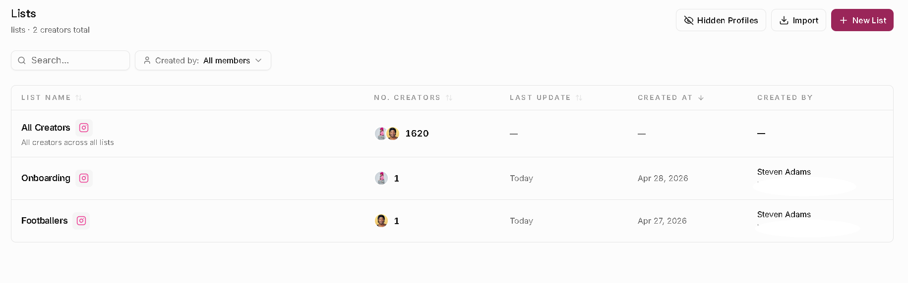 Leewou Manage Lists dashboard with new list and import actions