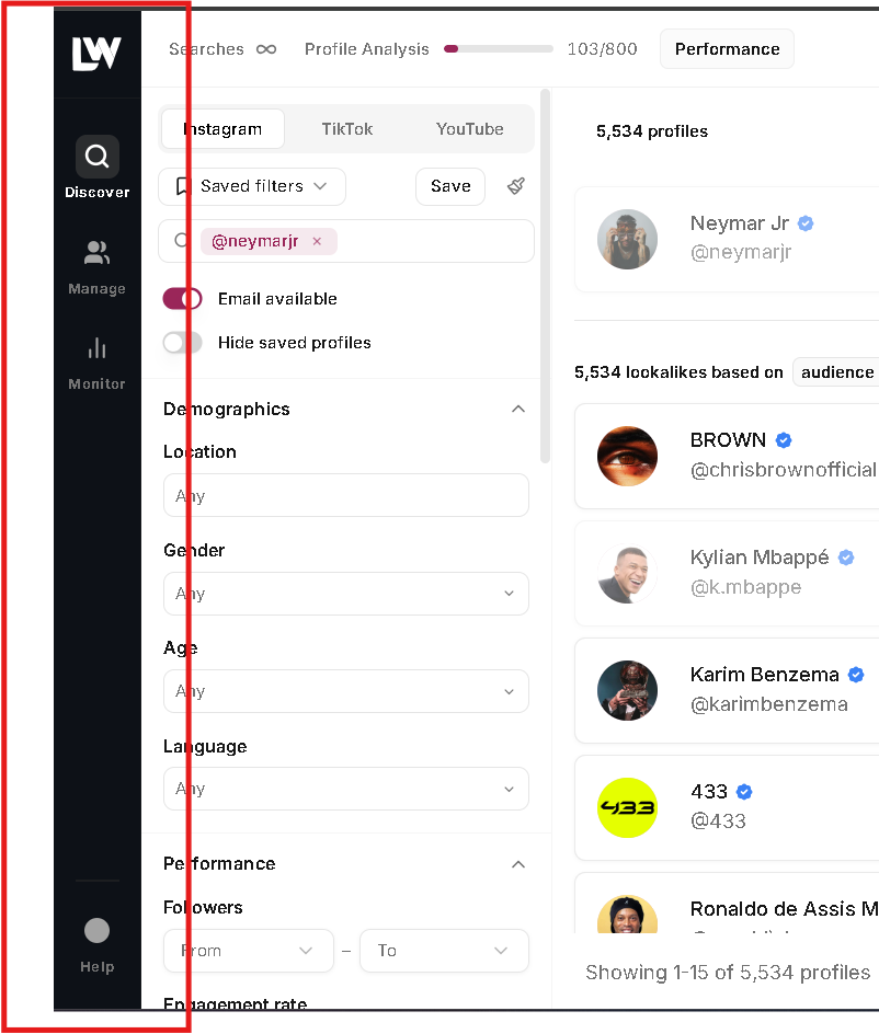 Leewou workspace sidebar showing Discover, Manage, Monitor, and Help navigation