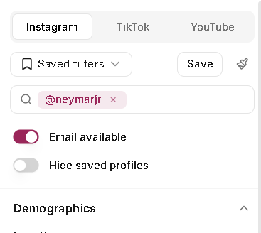 Discovery sidebar with a selected creator in the lookalike search field